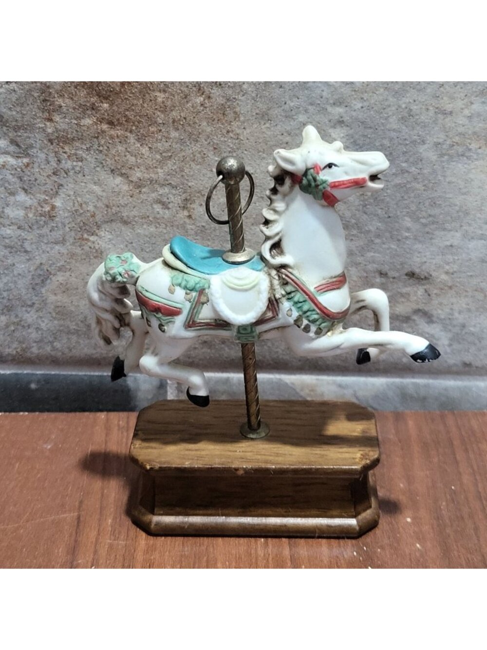 Vintage Small Porcelain Carousel Horse Figurine Red Green Saddle Wooden Base